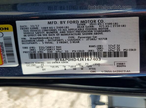 3FA6P0HD4JR167403 2018 FORD FUSION Blue Widok naklejki z numerem VIN