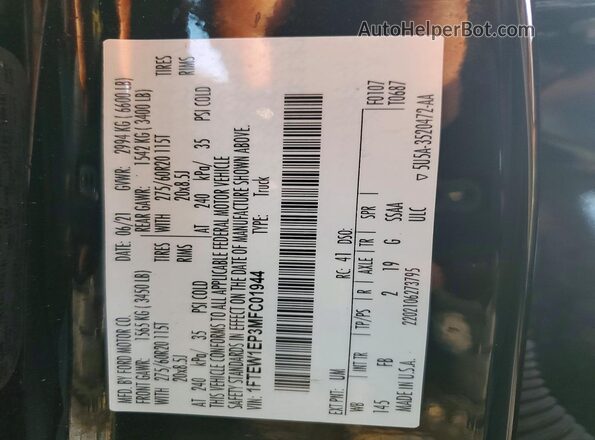 1FTEW1EP3MFC01944 2021 FORD F150 Black VIN კოდის სტიკერის ხედი