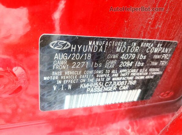 KMHH55LC7JU081768 2018 HYUNDAI ELANTRA Красный Панорамный вид салона 360°