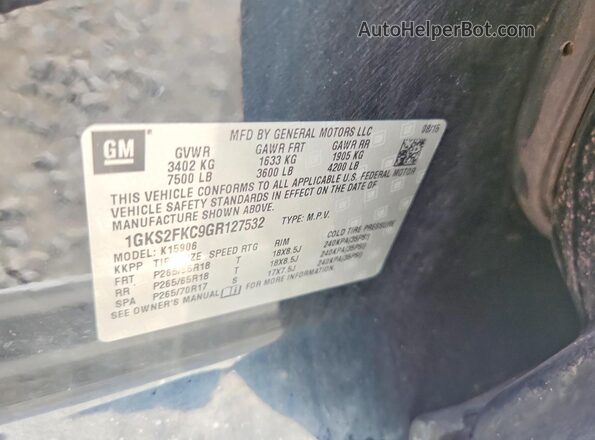 1GKS2FKC9GR127532 2016 GMC YUKON Черный Панорамный вид салона 360°