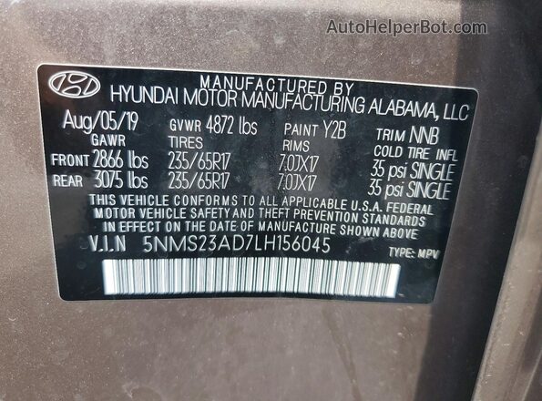 5NMS23AD7LH156045 2020 HYUNDAI SANTA FE Коричневый Панорамный вид салона 360°