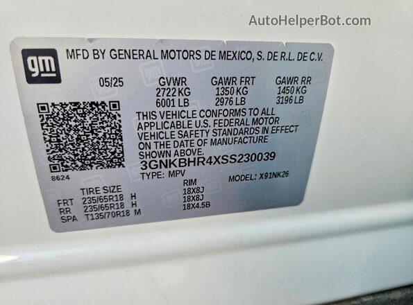 3GNKBHR4XSS230039 2025 CHEVROLET BLAZER White 