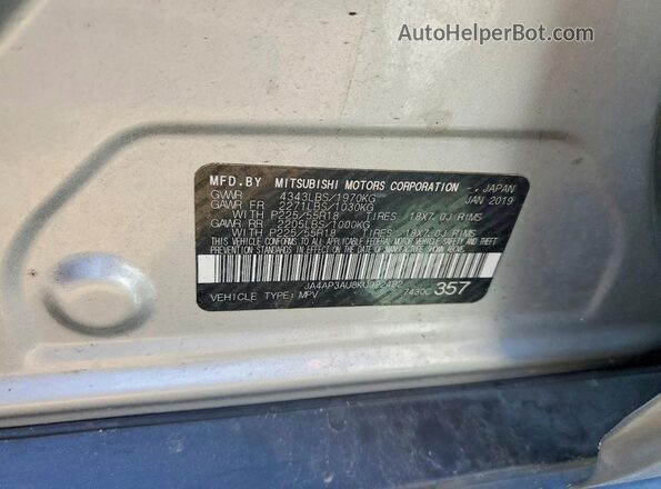 JA4AP3AU8KU022482 2019 MITSUBISHI OUTLANDER Gray Widok naklejki z numerem VIN
