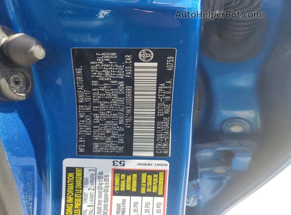 4T1BZ1HKXJU006680 2018 TOYOTA CAMRY Blue VIN կոդի պիտակի տեսք