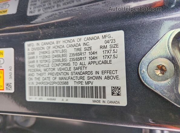 2HKRS3H22PH305988 2023 HONDA CR-V Charcoal Vista interior de 360 grados