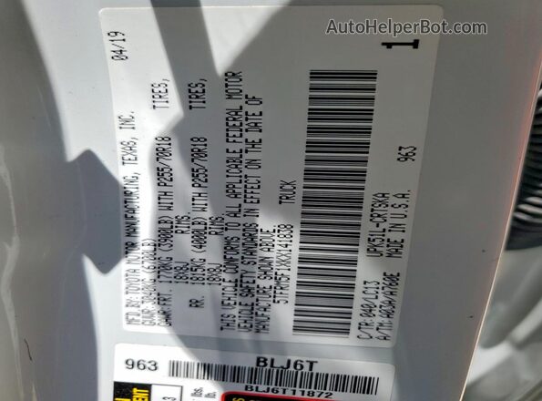 5TFRM5F1XKX141838 2019 TOYOTA TUNDRA White Вид наклейки з VIN-кодом