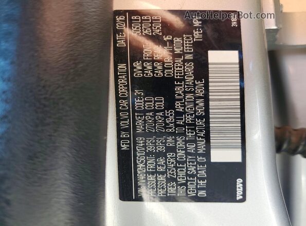 YV4612HK5G1017449 2016 VOLVO V60 Silver VIN կոդի պիտակի տեսք