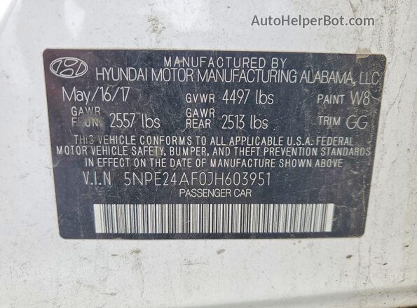 5NPE24AF0JH603951 2018 HYUNDAI SONATA Белый Вид наклейки с VIN-кодом