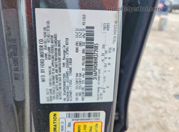 3FA6P0HD8HR372085 2017 FORD FUSION Gray Widok naklejki z numerem VIN