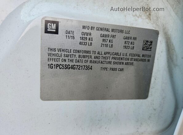 1G1PC5SG4G7217364 2016 CHEVROLET CRUZE White VIN sticker view