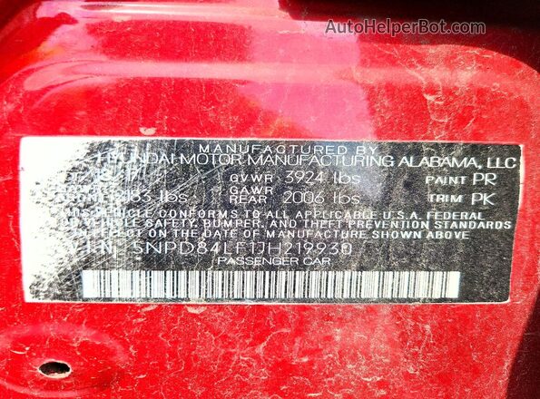 5NPD84LF1JH219930 2018 HYUNDAI ELANTRA Red VIN კოდის სტიკერის ხედი
