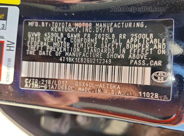 4T1BK1EB2GU212349 2016 TOYOTA AVALON Black Вид наклейки з VIN-кодом
