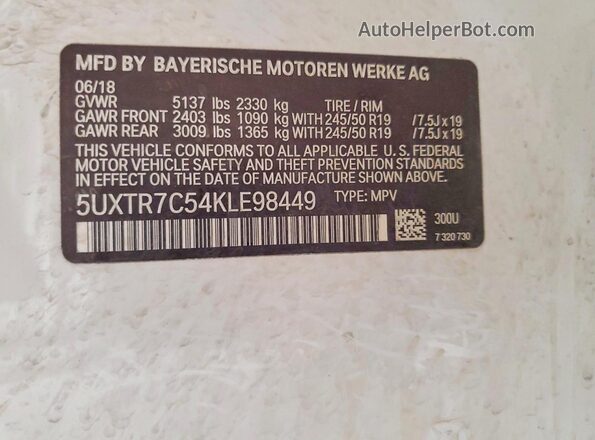 5UXTR7C54KLE98449 2019 BMW X3 White 
