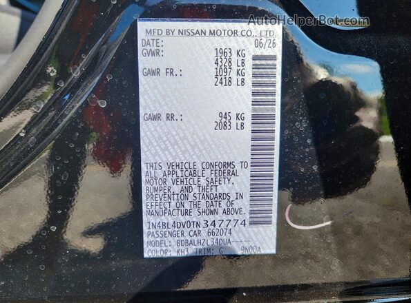1N4BL4DV0TN347774 2026 NISSAN ALTIMA Black VIN sticker view