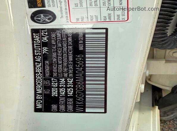 W1K6G7GB6MA045696 2021 MERCEDES-BENZ S Белый 