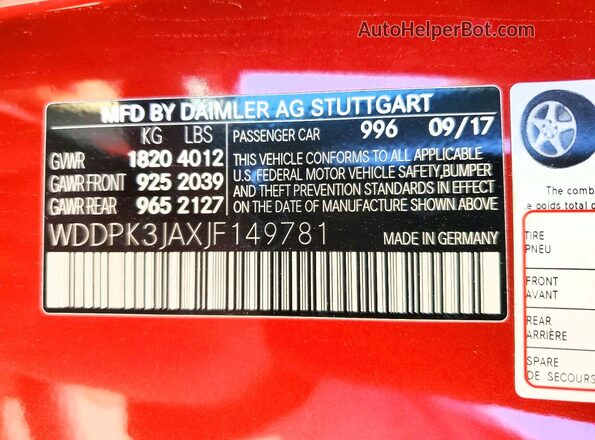 WDDPK3JAXJF149781 2018 MERCEDES-BENZ SLC Red VIN կոդի պիտակի տեսք