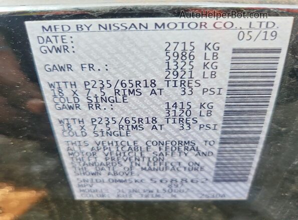 5N1DL0MM5KC568862 2019 INFINITI QX60 Black VIN კოდის სტიკერის ხედი