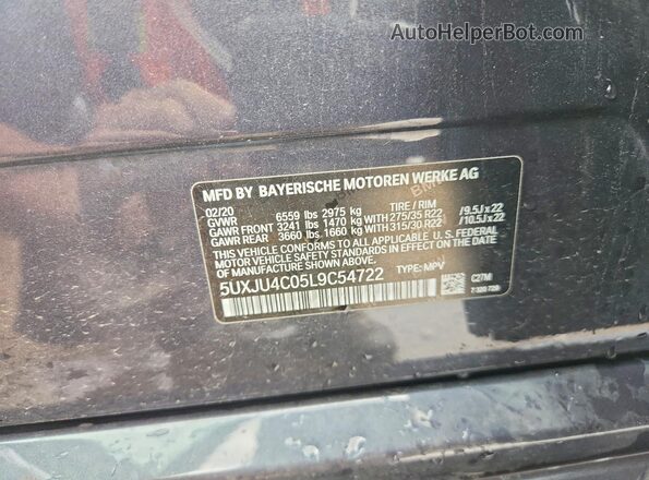 5UXJU4C05L9C54722 2020 BMW X5 Gray VIN կոդի պիտակի տեսք