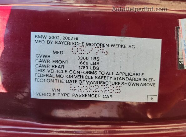 4282385 1974 BMW 2000 Burgundy Вид наклейки з VIN-кодом