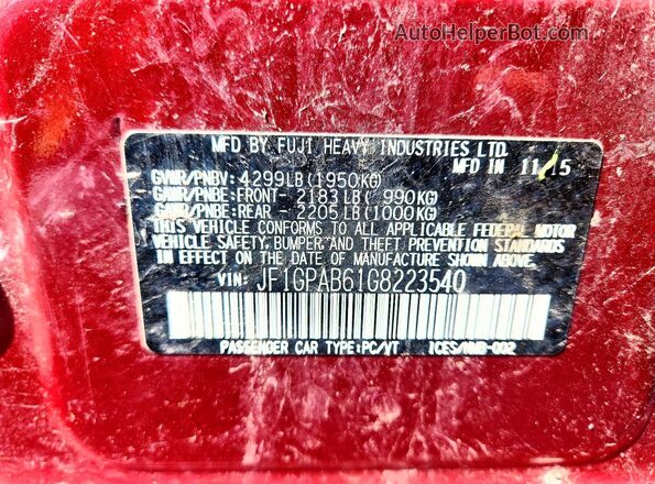 JF1GPAB61G8223540 2016 SUBARU IMPREZA Red Vista de la etiqueta del VIN
