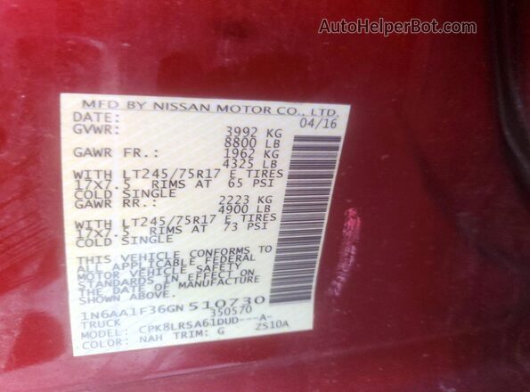 1N6AA1F36GN510730 2016 NISSAN TITAN Red Widok naklejki z numerem VIN
