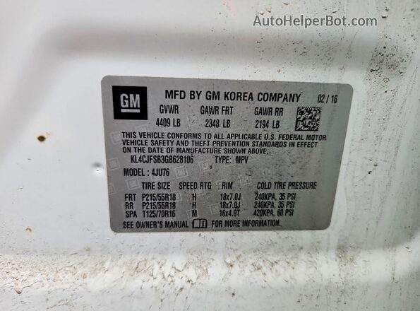 KL4CJFSB3GB628106 2016 BUICK ENCORE Белый Панорамный вид салона 360°