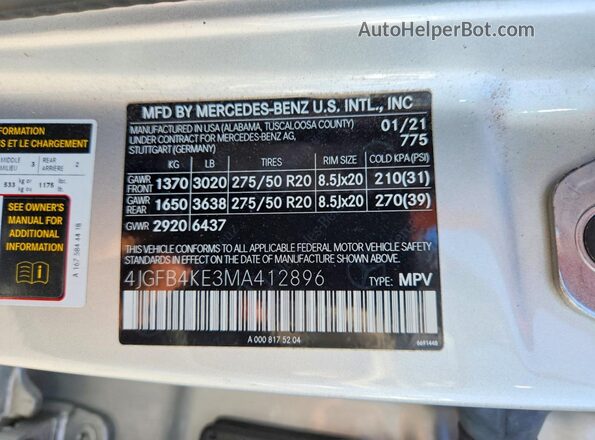 4JGFB4KE3MA412896 2021 MERCEDES-BENZ GLE Silver Սալոնի 360 աստիճան տեսք