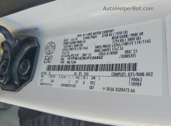 1FTFW1E59JFC66862 2018 FORD F150 White Widok naklejki z numerem VIN
