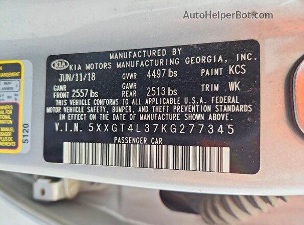 5XXGT4L37KG277345 2019 KIA OPTIMA Silver Widok naklejki z numerem VIN