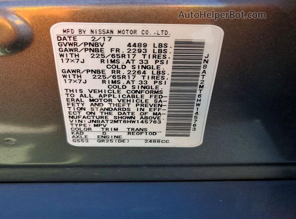 JN8AT2MT6HW145763 2017 NISSAN ROGUE Charcoal VIN sticker view