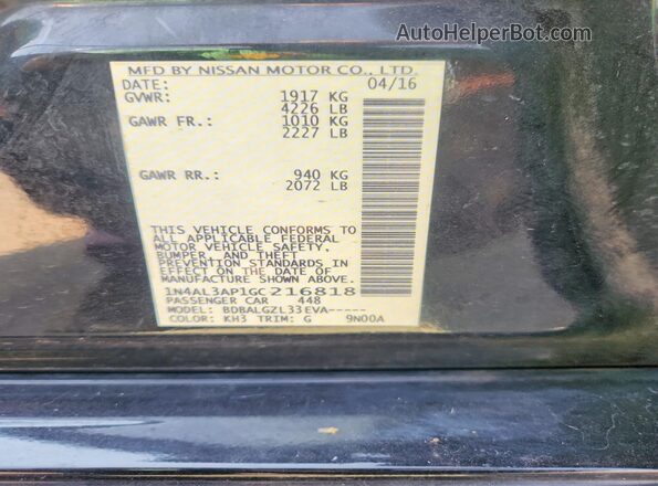 1N4AL3AP1GC216818 2016 NISSAN ALTIMA Black Widok naklejki z numerem VIN