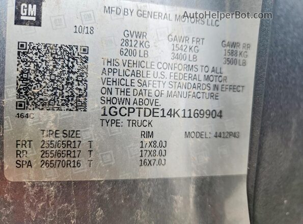 1GCPTDE14K1169904 2019 CHEVROLET COLORADO Gray VIN sticker view