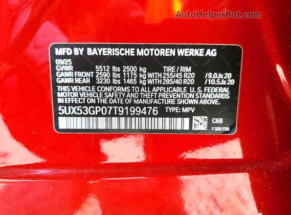 5UX53GP07T9199476 2026 BMW X3 Red Панорамний вид салону 360°