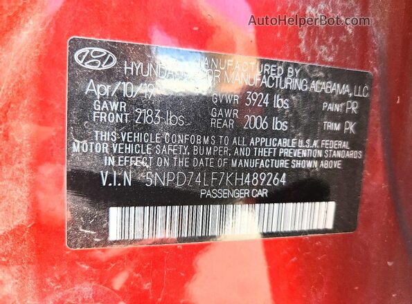 5NPD74LF7KH489264 2019 HYUNDAI ELANTRA Maroon Սալոնի 360 աստիճան տեսք