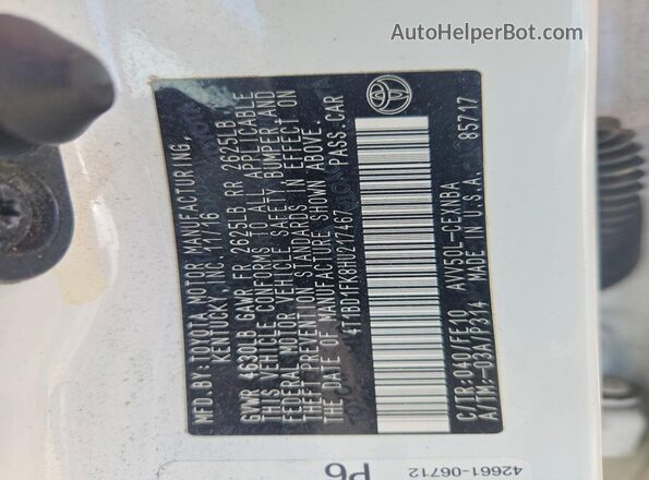 4T1BD1FK8HU217467 2017 TOYOTA CAMRY Белый Вид наклейки с VIN-кодом