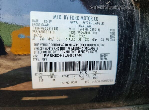 1FMSK8DH3LGB51746 2020 FORD EXPLORER Black Սալոնի 360 աստիճան տեսք