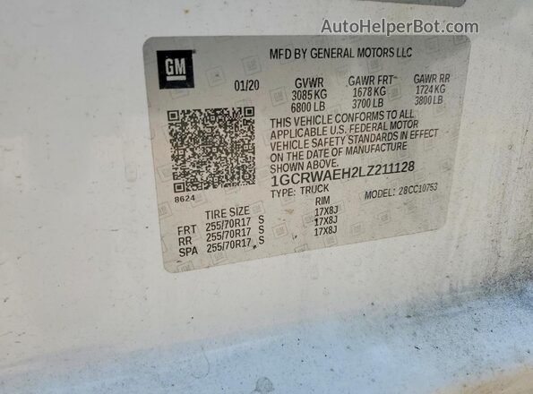 1GCRWAEH2LZ211128 2020 CHEVROLET SILVERADO White Вид наклейки з VIN-кодом