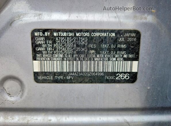 JA4AZ3A32GZ064996 2016 MITSUBISHI OUTLANDER Silver Vista de la etiqueta del VIN