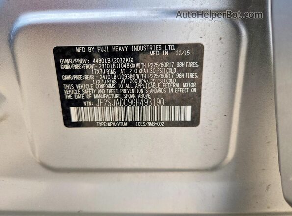 JF2SJADC9GH493190 2016 SUBARU FORESTER Silver VIN կոդի պիտակի տեսք