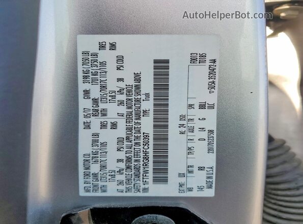 1FTFW1RG8HFC50397 2017 FORD F150 Silver Widok naklejki z numerem VIN
