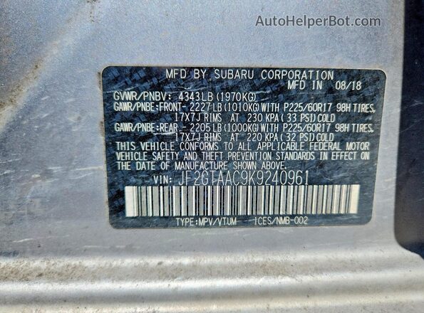JF2GTAAC9K9240961 2019 SUBARU CROSSTREK Silver Սալոնի 360 աստիճան տեսք