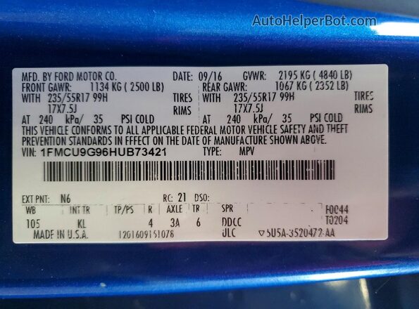 1FMCU9G96HUB73421 2017 FORD ESCAPE Blue Widok wnętrza 360 stopni