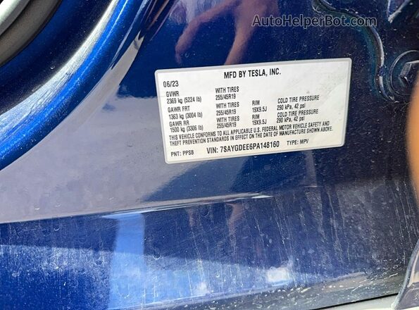 7SAYGDEE6PA148160 2023 TESLA MODEL Blue Vista interior de 360 grados