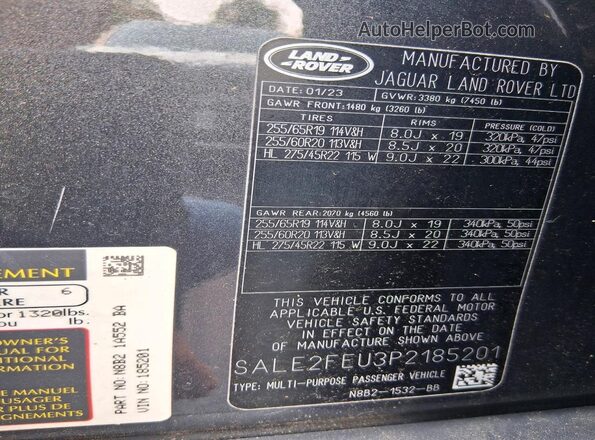 SALE2FEU3P2185201 2023 LAND ROVER DEFENDER Charcoal 