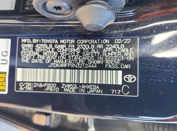 JTDKAMFPXN3212444 2022 TOYOTA PRIUS Black VIN კოდის სტიკერის ხედი