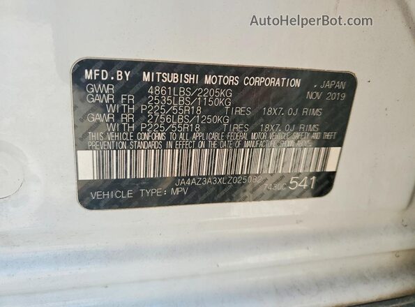 JA4AZ3A3XLZ025082 2020 MITSUBISHI OUTLANDER White Панорамний вид салону 360°