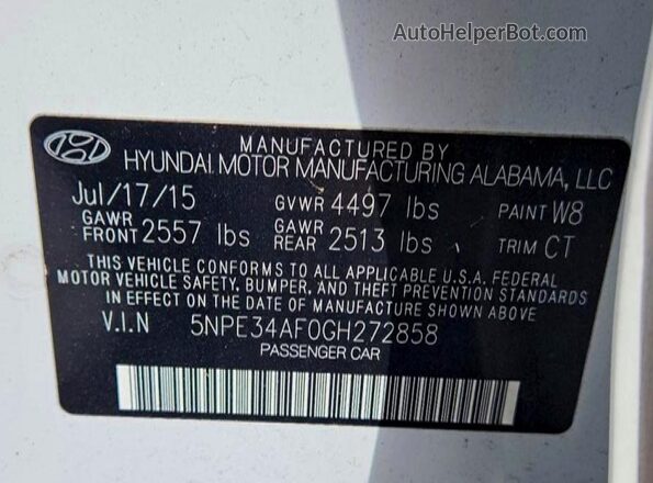 5NPE34AF0GH272858 2016 HYUNDAI SONATA White VIN կոդի պիտակի տեսք