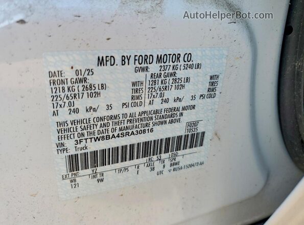 3FTTW8BA4SRA30816 2025 FORD MAVERICK White Vista interior de 360 grados