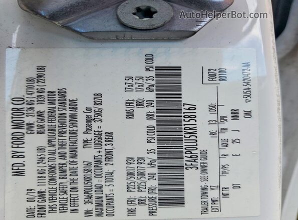 3FA6P0LU5KR158167 2019 FORD FUSION Белый Вид наклейки с VIN-кодом