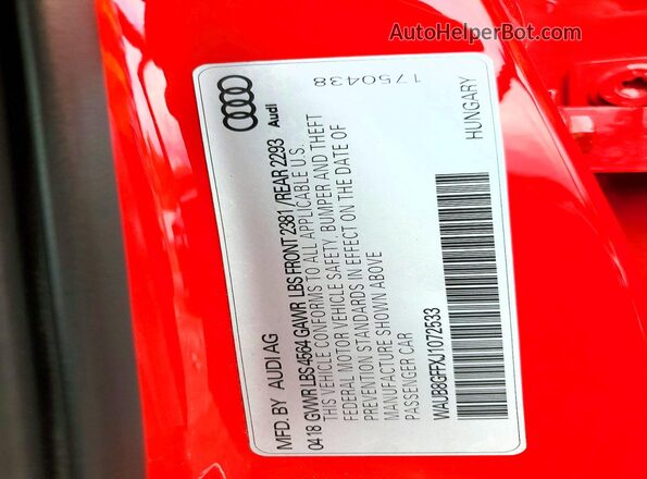 WAUB8GFFXJ1072533 2018 AUDI A3 Red Вид наклейки з VIN-кодом